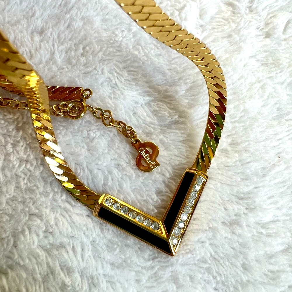 Christian Dior 18K gold plated vintage flat necklace with enamel and crystal - Picture 14 of 16